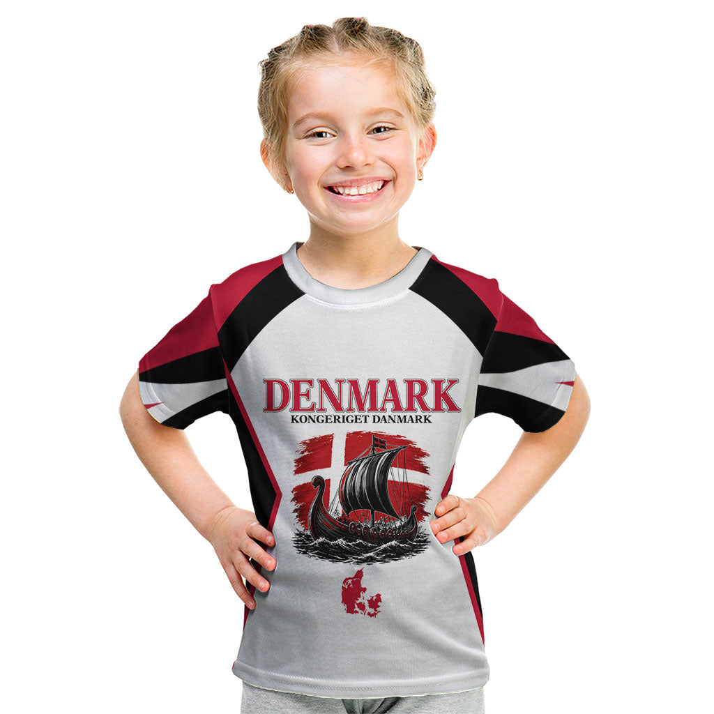 Personalized Denmark Viking Heritage Kid T Shirt Nordic Nyhavn Cityscape With Grunge Flag And Longship Art