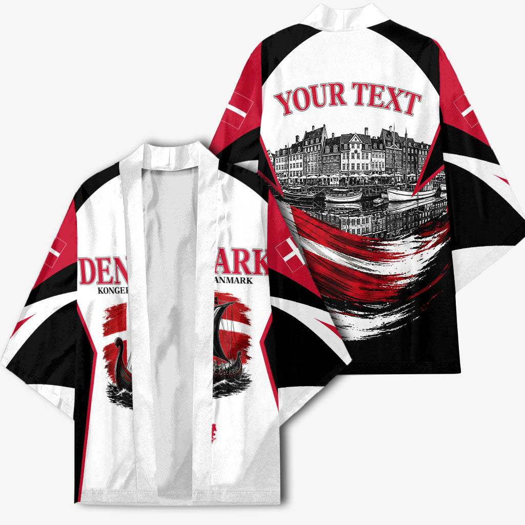 Personalized Denmark Viking Heritage Kimono Nordic Nyhavn Cityscape With Grunge Flag And Longship Art