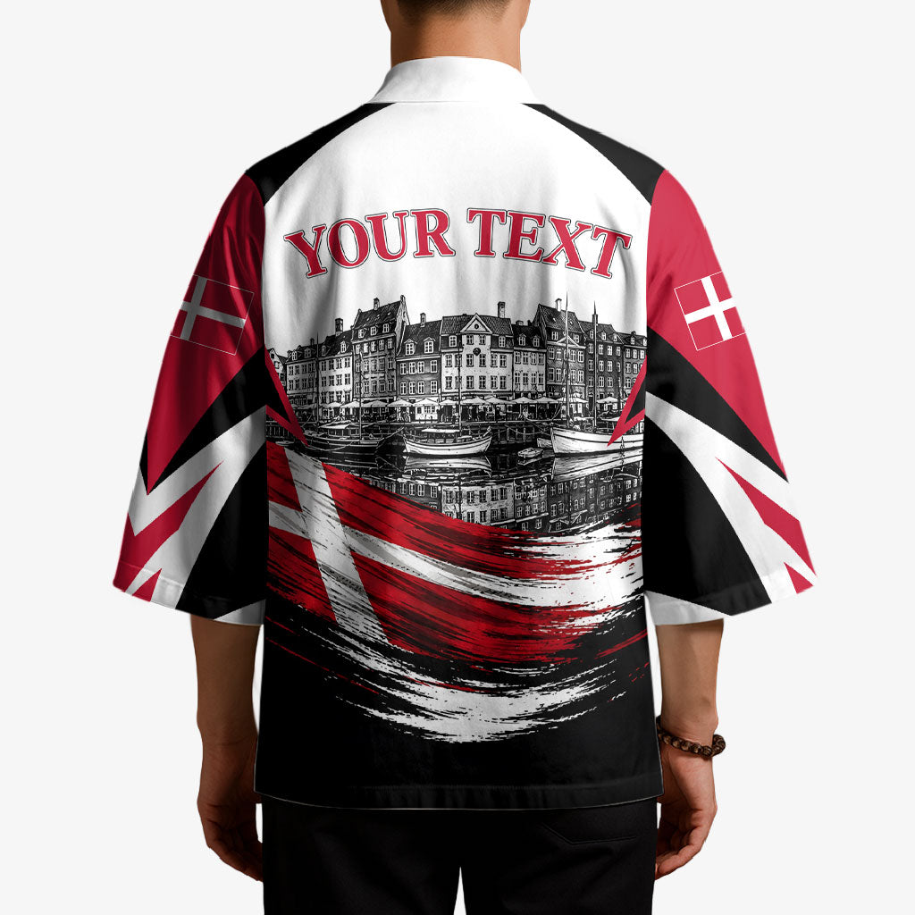 Personalized Denmark Viking Heritage Kimono Nordic Nyhavn Cityscape With Grunge Flag And Longship Art