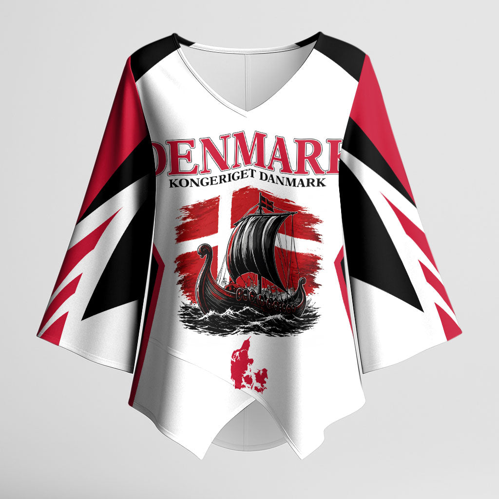 Personalized Denmark Viking Heritage Kimono Sleeve Blouse Nordic Nyhavn Cityscape With Grunge Flag And Longship Art
