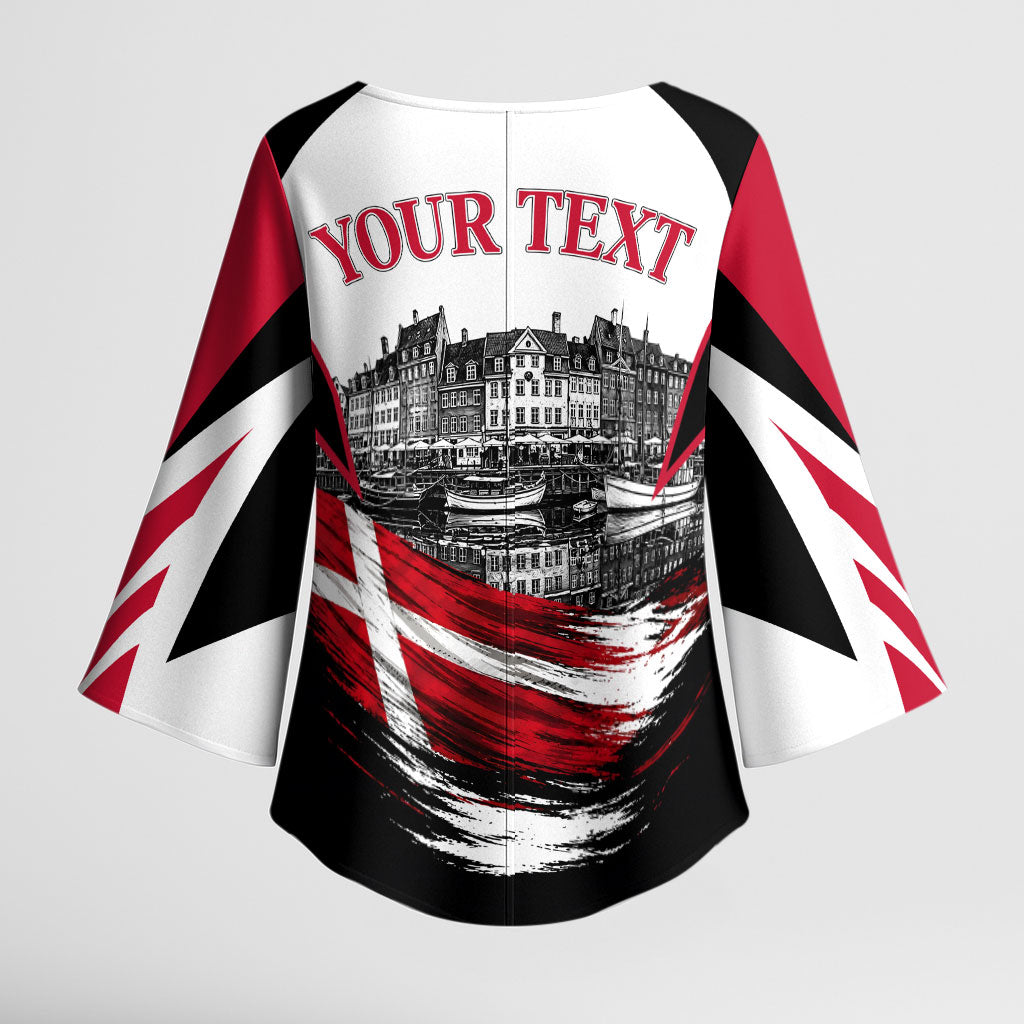Personalized Denmark Viking Heritage Kimono Sleeve Blouse Nordic Nyhavn Cityscape With Grunge Flag And Longship Art