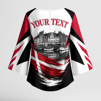 Personalized Denmark Viking Heritage Kimono Sleeve Blouse Nordic Nyhavn Cityscape With Grunge Flag And Longship Art