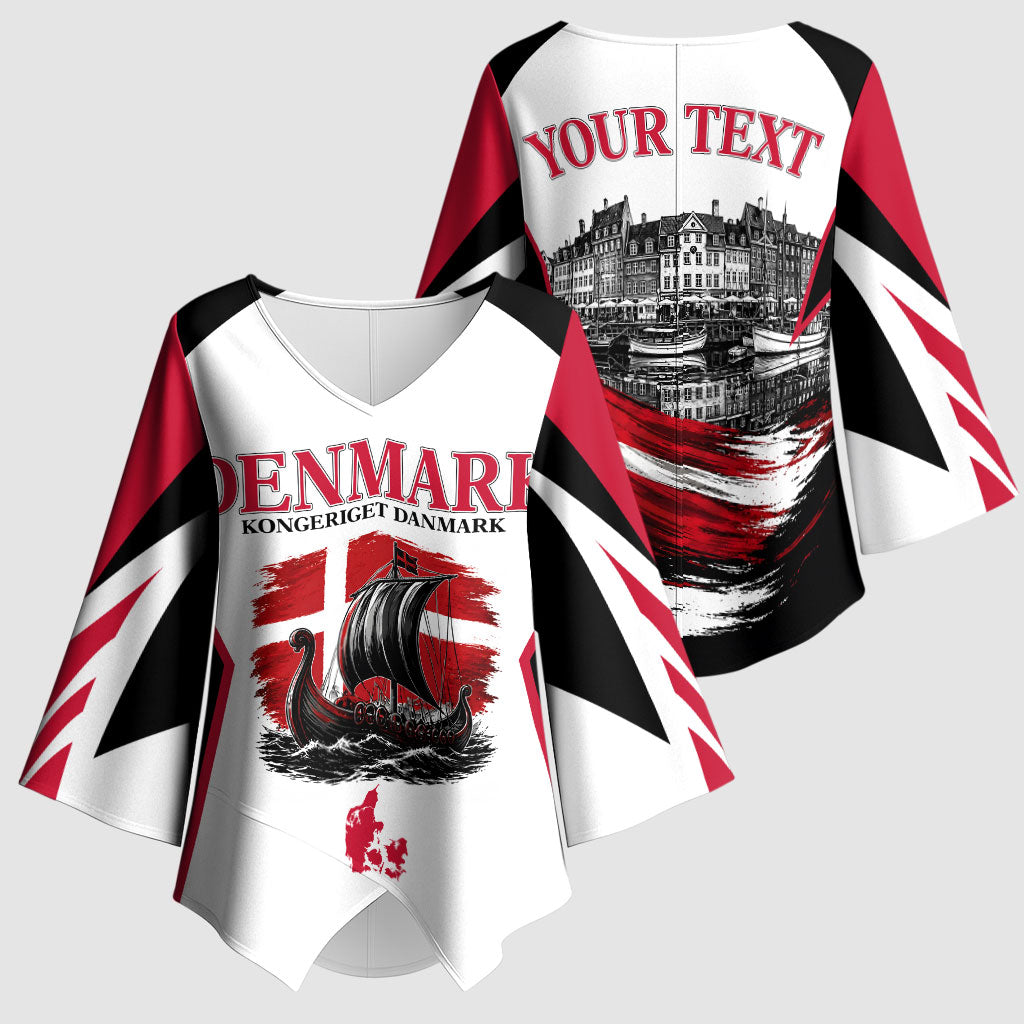Personalized Denmark Viking Heritage Kimono Sleeve Blouse Nordic Nyhavn Cityscape With Grunge Flag And Longship Art