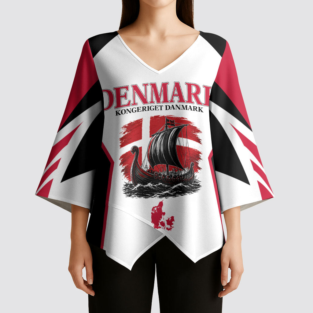 Personalized Denmark Viking Heritage Kimono Sleeve Blouse Nordic Nyhavn Cityscape With Grunge Flag And Longship Art