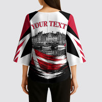 Personalized Denmark Viking Heritage Kimono Sleeve Blouse Nordic Nyhavn Cityscape With Grunge Flag And Longship Art