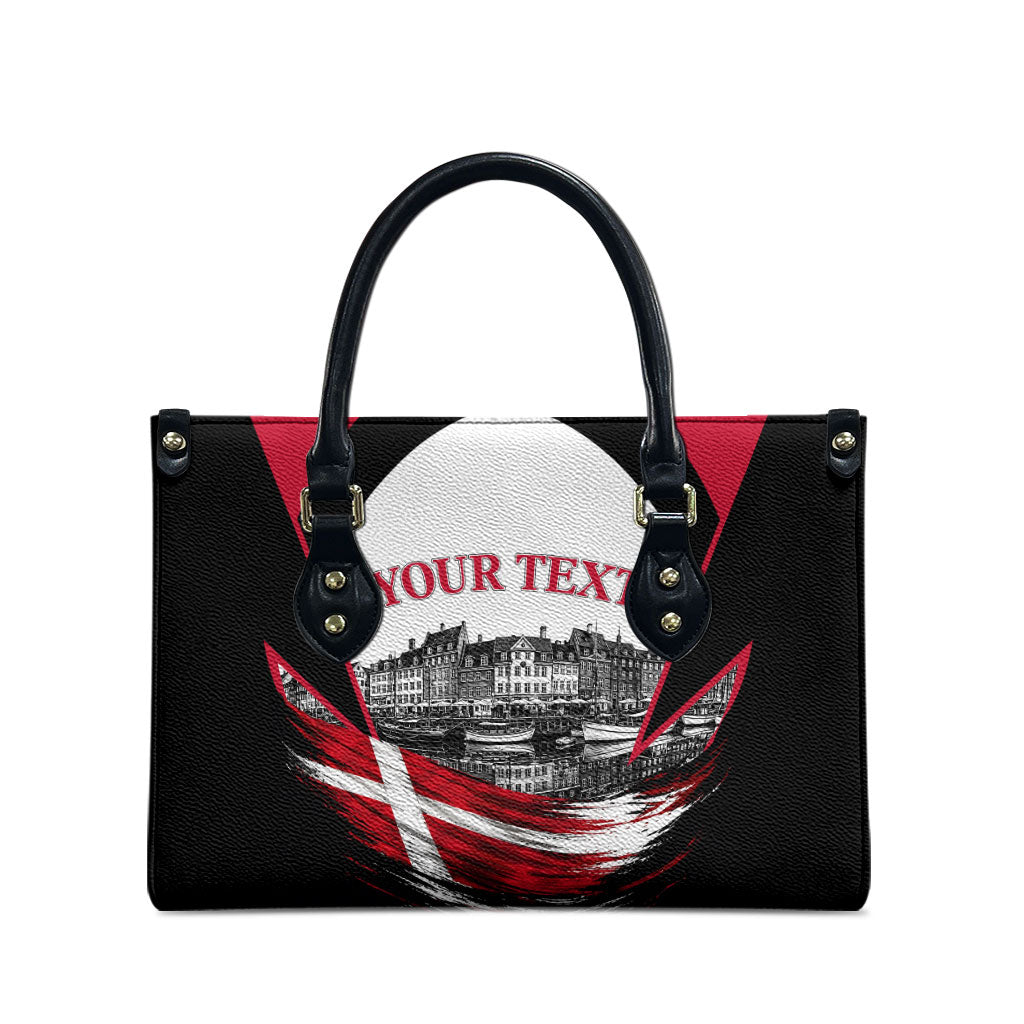 Personalized Denmark Viking Heritage Leather Bag Nordic Nyhavn Cityscape With Grunge Flag And Longship Art