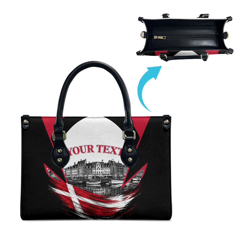 Personalized Denmark Viking Heritage Leather Bag Nordic Nyhavn Cityscape With Grunge Flag And Longship Art