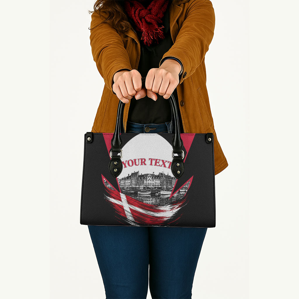 Personalized Denmark Viking Heritage Leather Bag Nordic Nyhavn Cityscape With Grunge Flag And Longship Art