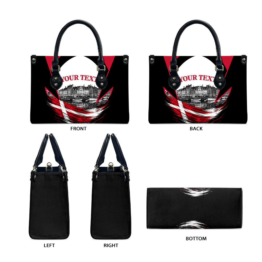 Personalized Denmark Viking Heritage Leather Bag Nordic Nyhavn Cityscape With Grunge Flag And Longship Art