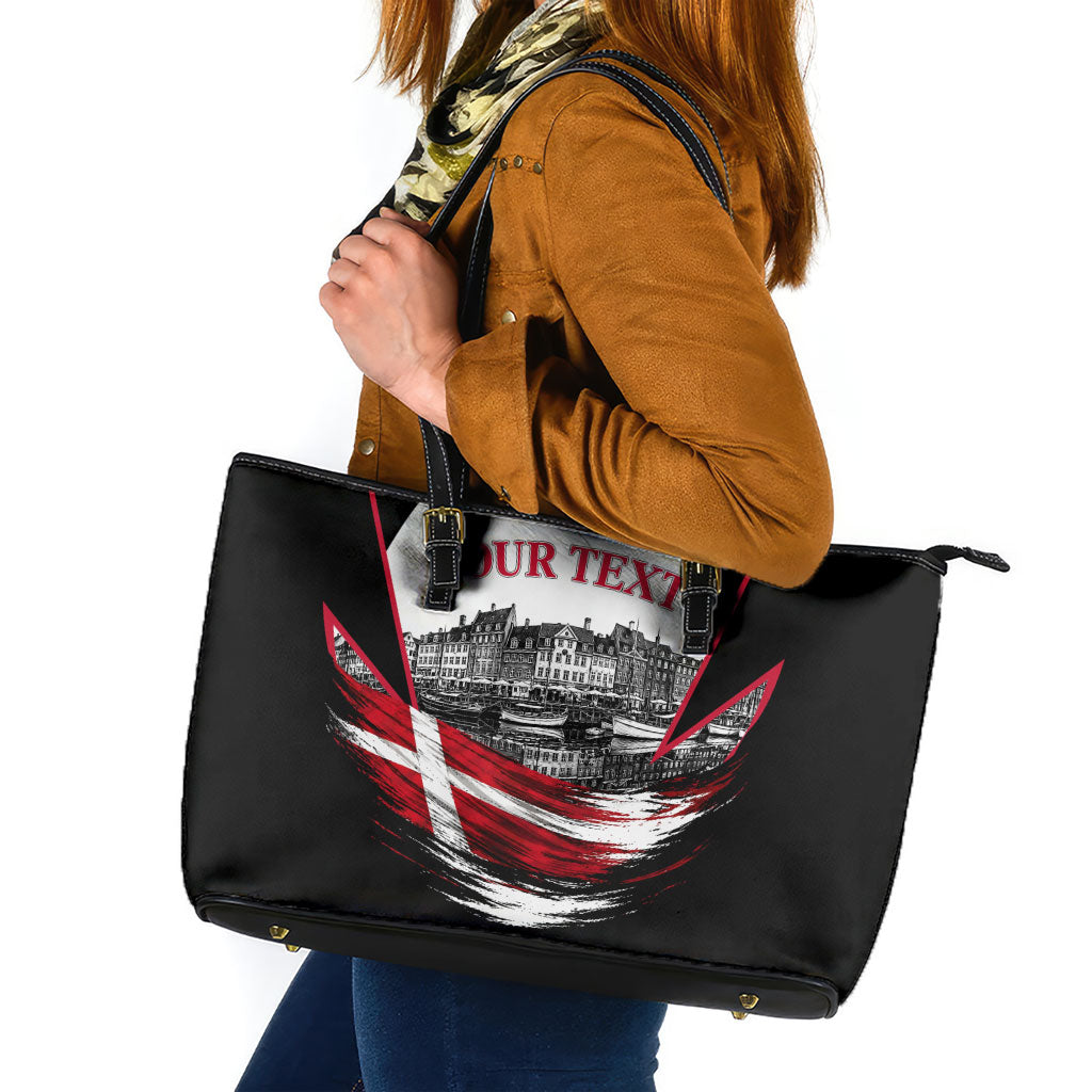 Personalized Denmark Viking Heritage Leather Tote Bag Nordic Nyhavn Cityscape With Grunge Flag And Longship Art