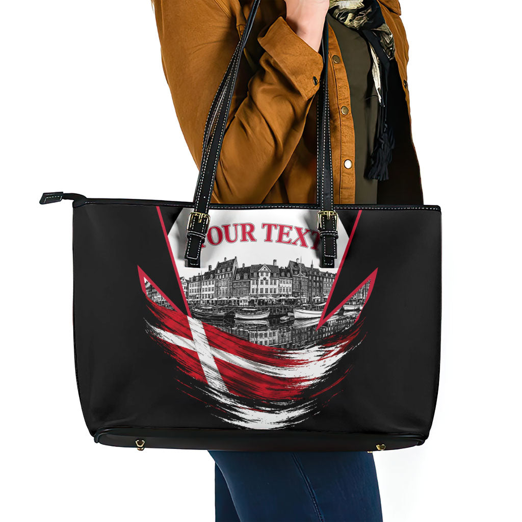 Personalized Denmark Viking Heritage Leather Tote Bag Nordic Nyhavn Cityscape With Grunge Flag And Longship Art