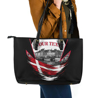 Personalized Denmark Viking Heritage Leather Tote Bag Nordic Nyhavn Cityscape With Grunge Flag And Longship Art