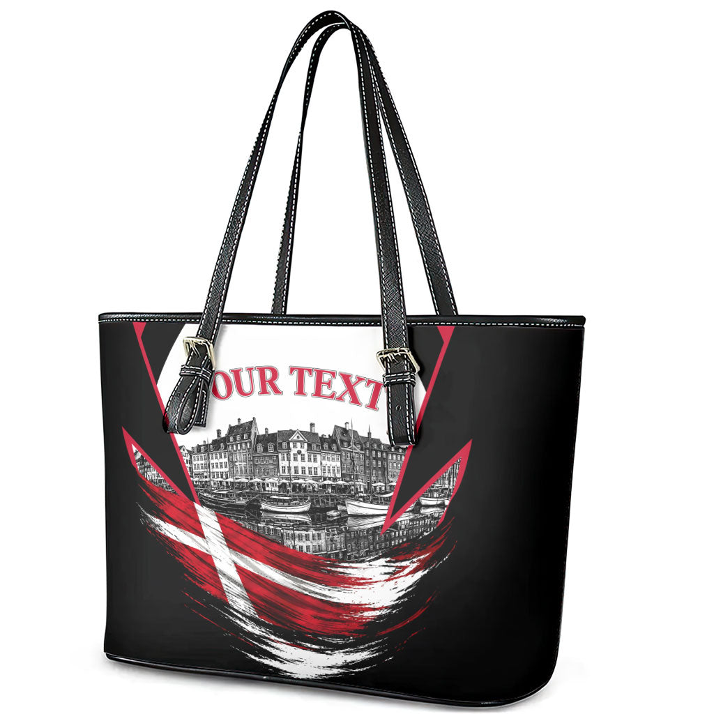 Personalized Denmark Viking Heritage Leather Tote Bag Nordic Nyhavn Cityscape With Grunge Flag And Longship Art