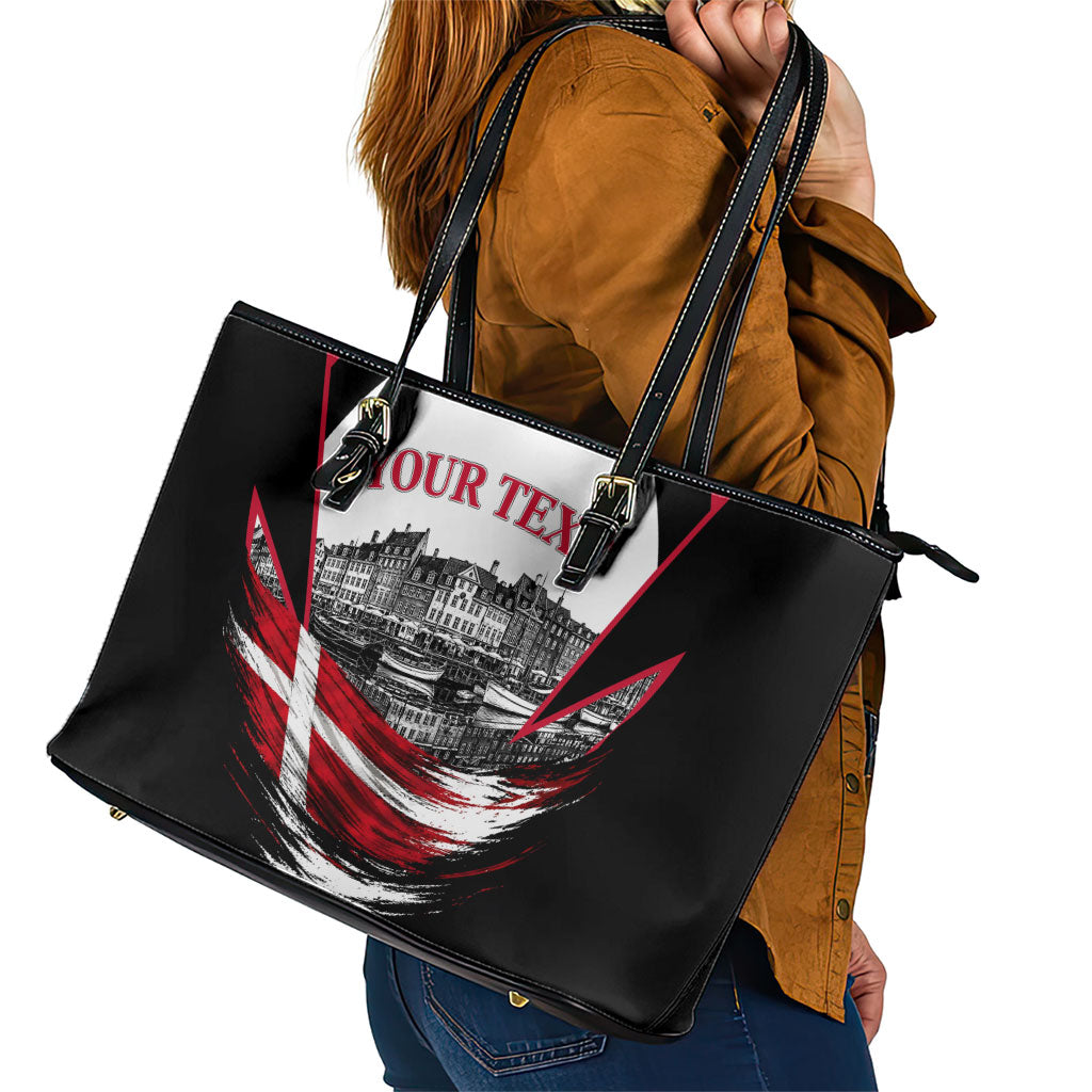 Personalized Denmark Viking Heritage Leather Tote Bag Nordic Nyhavn Cityscape With Grunge Flag And Longship Art