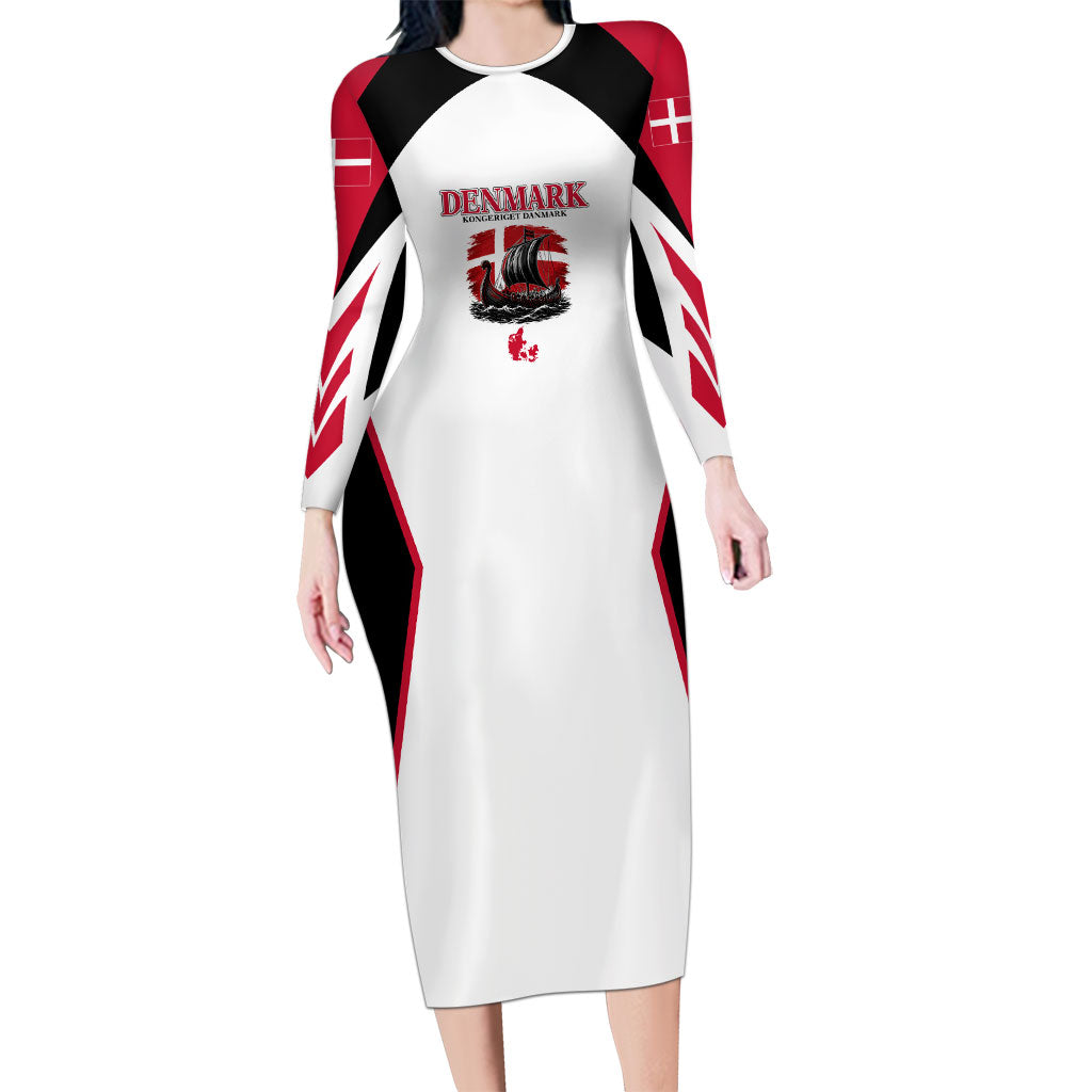 Personalized Denmark Viking Heritage Long Sleeve Bodycon Dress Nordic Nyhavn Cityscape With Grunge Flag And Longship Art