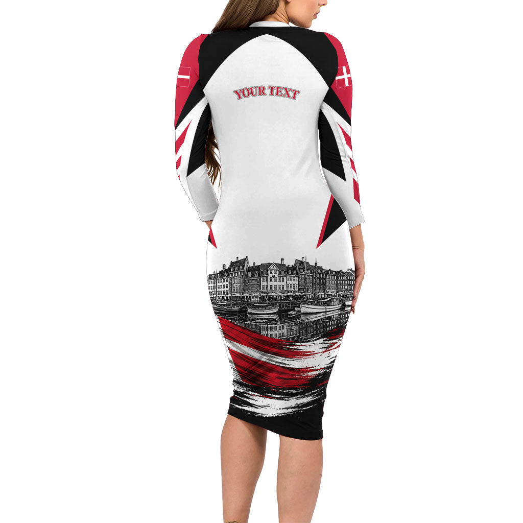 Personalized Denmark Viking Heritage Long Sleeve Bodycon Dress Nordic Nyhavn Cityscape With Grunge Flag And Longship Art