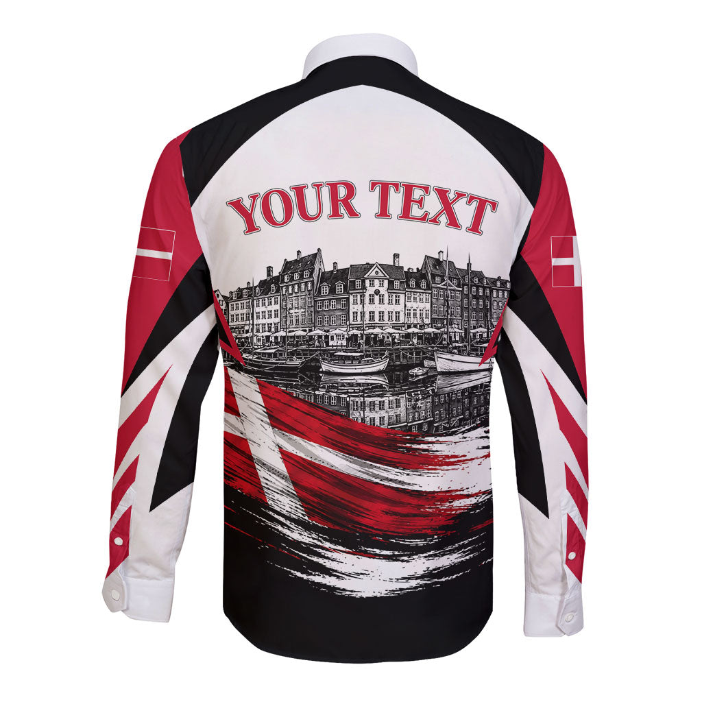 Personalized Denmark Viking Heritage Long Sleeve Button Shirt Nordic Nyhavn Cityscape With Grunge Flag And Longship Art