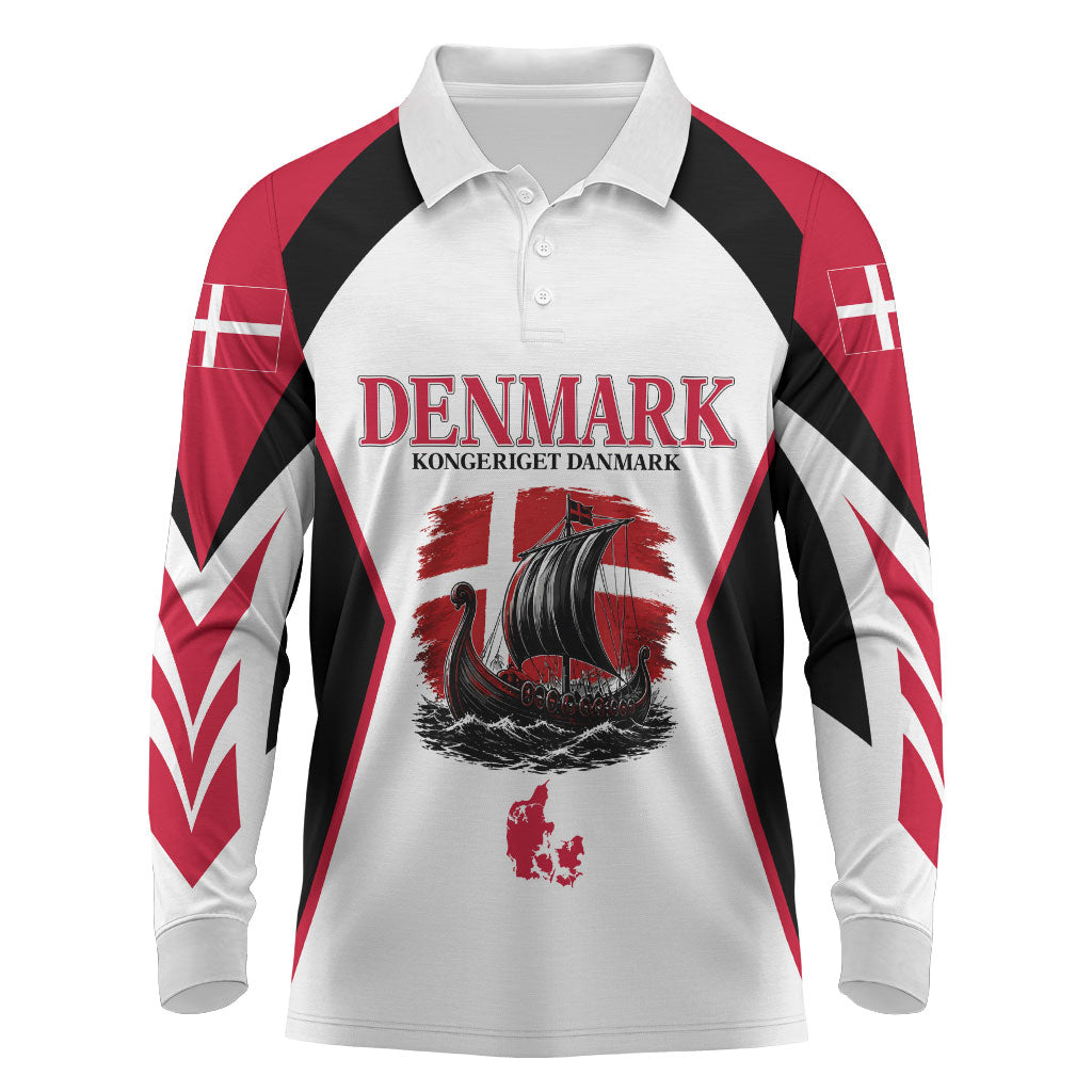 Personalized Denmark Viking Heritage Long Sleeve Polo Shirt Nordic Nyhavn Cityscape With Grunge Flag And Longship Art