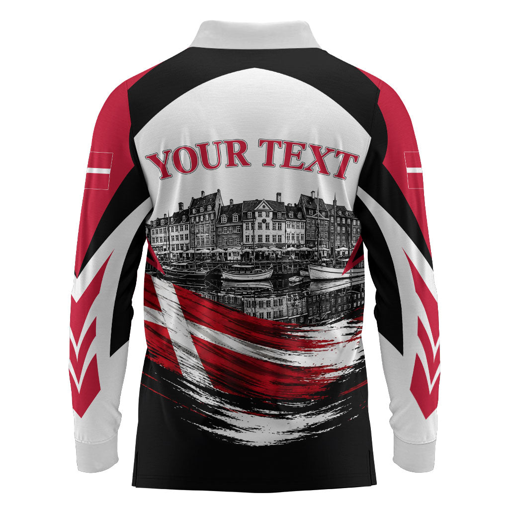 Personalized Denmark Viking Heritage Long Sleeve Polo Shirt Nordic Nyhavn Cityscape With Grunge Flag And Longship Art