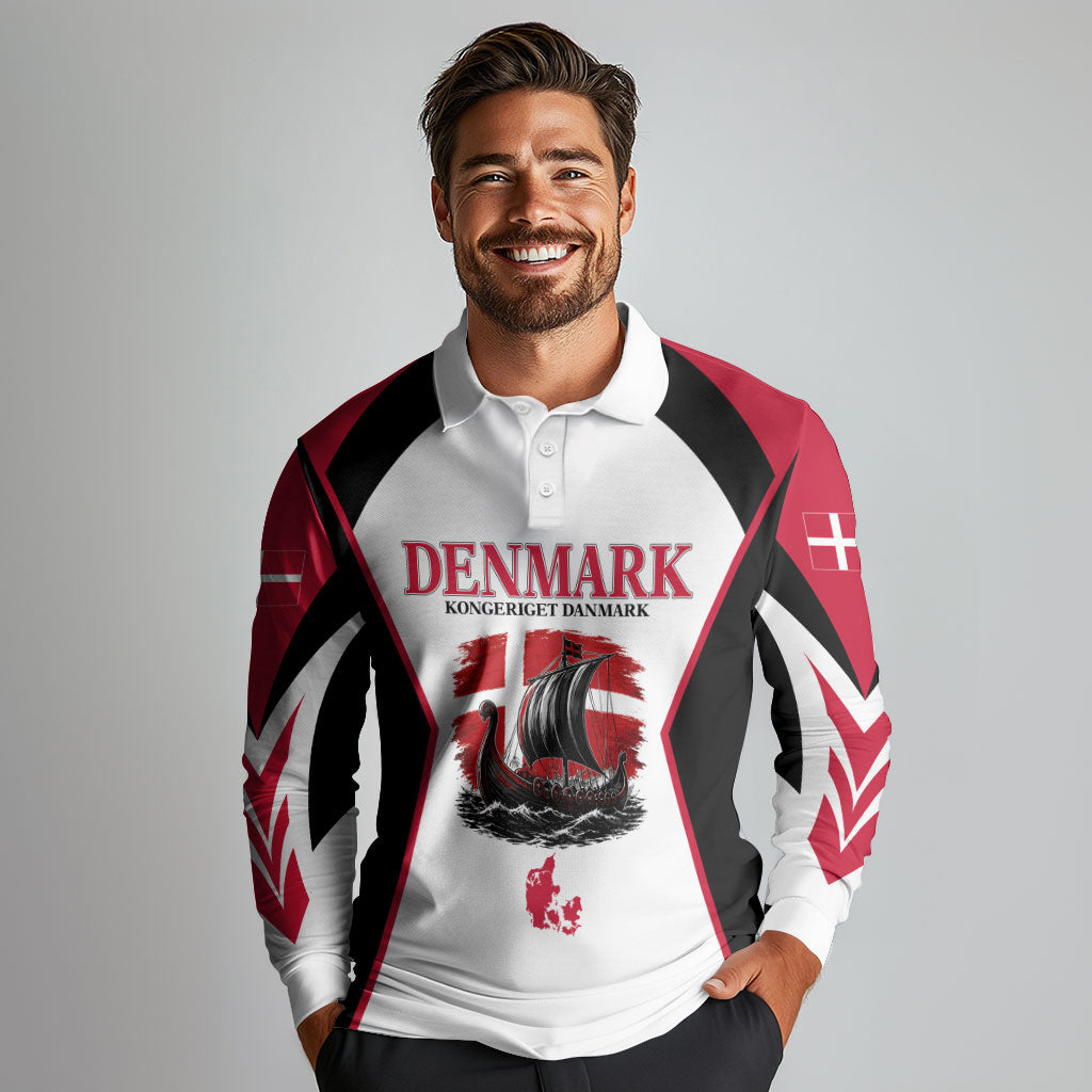 Personalized Denmark Viking Heritage Long Sleeve Polo Shirt Nordic Nyhavn Cityscape With Grunge Flag And Longship Art