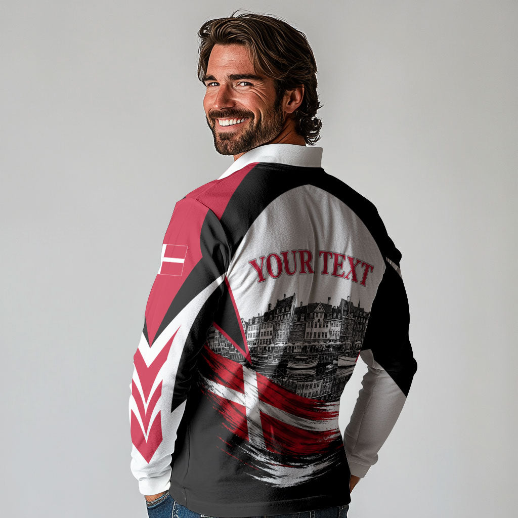 Personalized Denmark Viking Heritage Long Sleeve Polo Shirt Nordic Nyhavn Cityscape With Grunge Flag And Longship Art