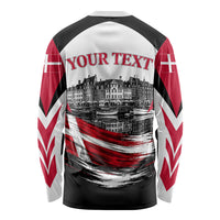 Personalized Denmark Viking Heritage Long Sleeve Shirt Nordic Nyhavn Cityscape With Grunge Flag And Longship Art