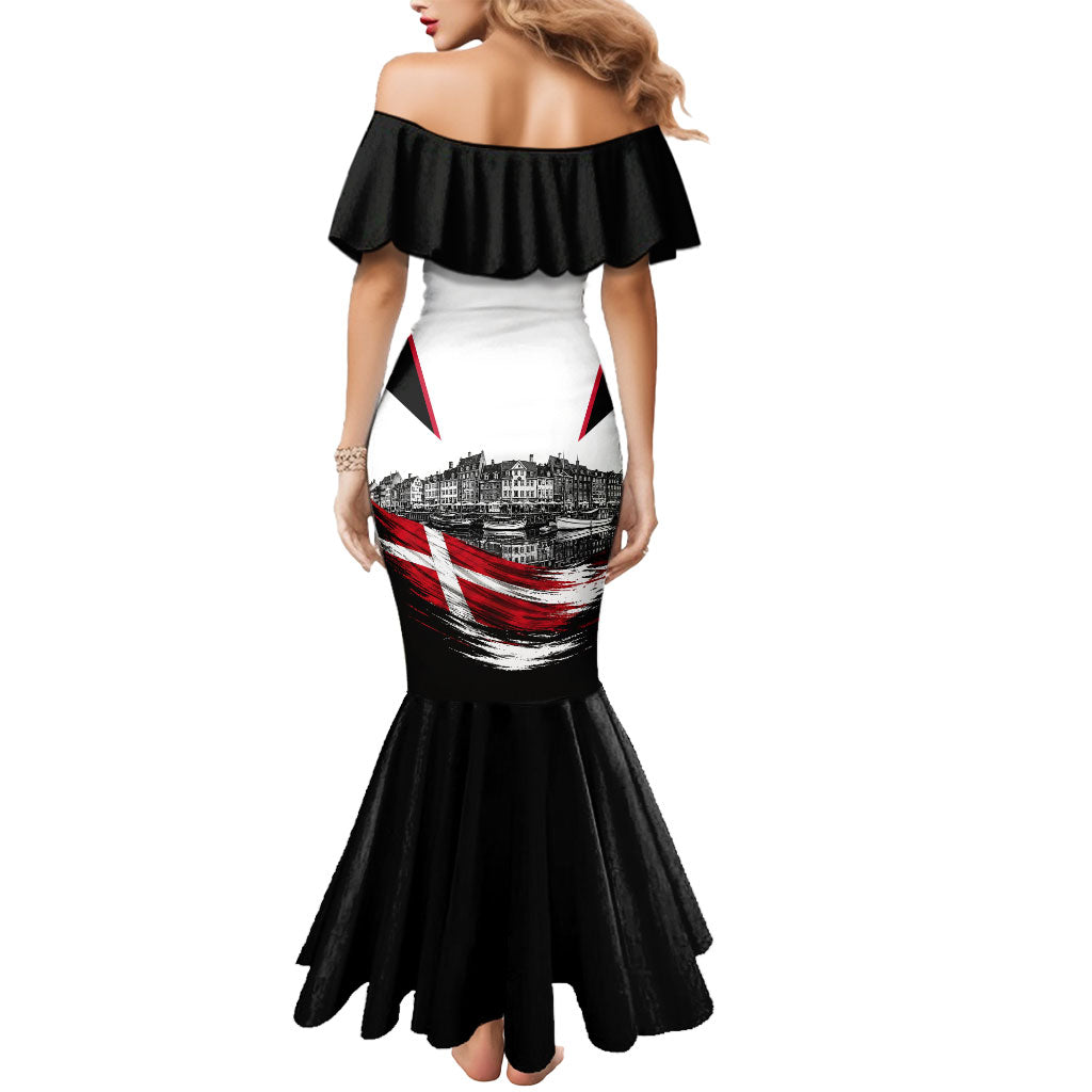 Personalized Denmark Viking Heritage Mermaid Dress Nordic Nyhavn Cityscape With Grunge Flag And Longship Art