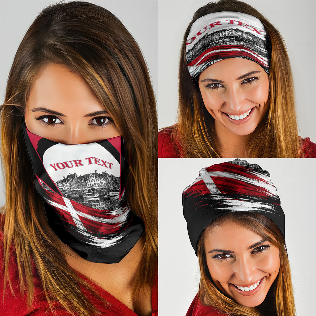 Personalized Denmark Viking Heritage Neck Gaiter Nordic Nyhavn Cityscape With Grunge Flag And Longship Art