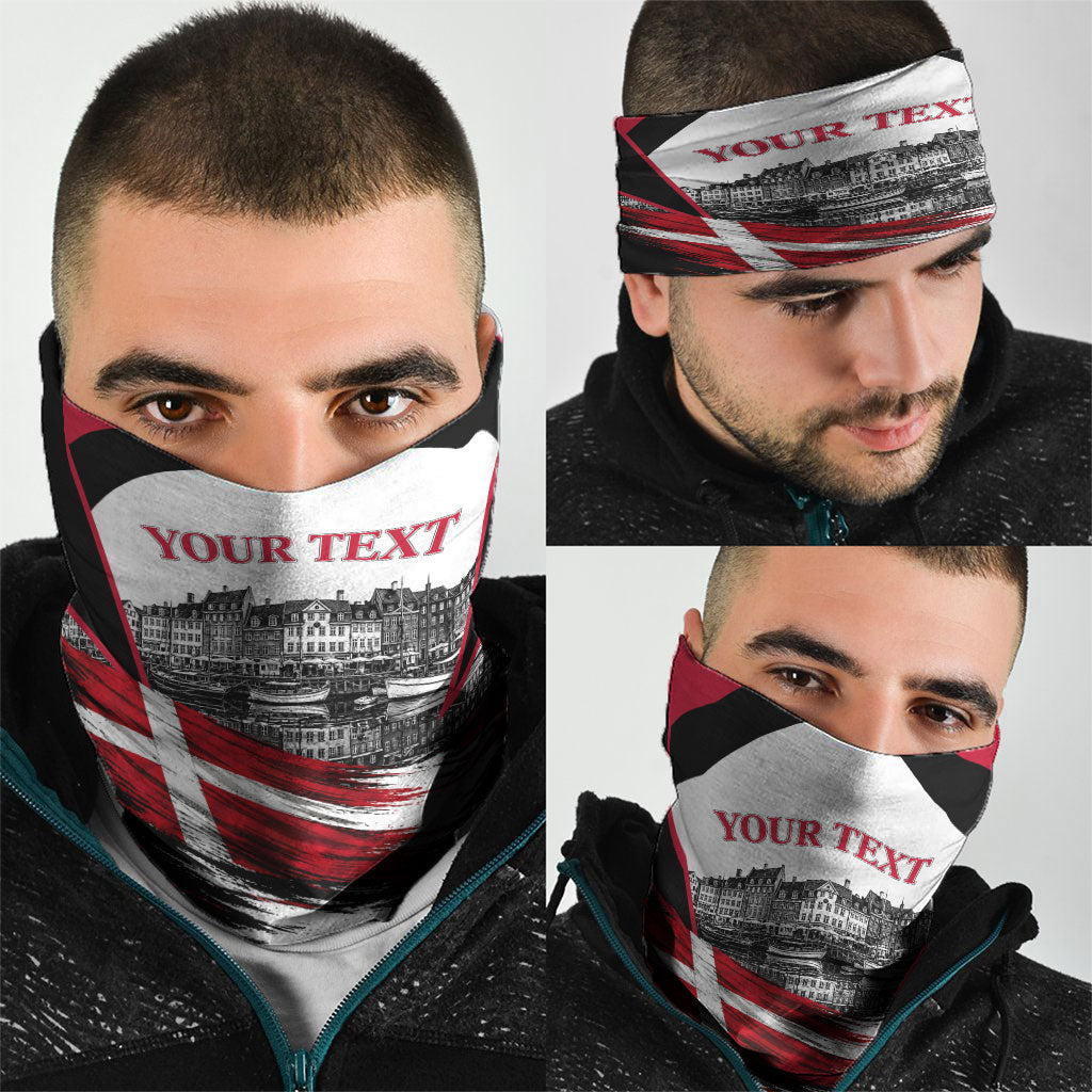 Personalized Denmark Viking Heritage Neck Gaiter Nordic Nyhavn Cityscape With Grunge Flag And Longship Art