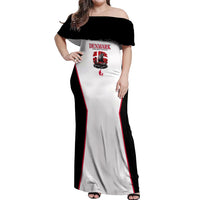 Personalized Denmark Viking Heritage Off Shoulder Maxi Dress Nordic Nyhavn Cityscape With Grunge Flag And Longship Art
