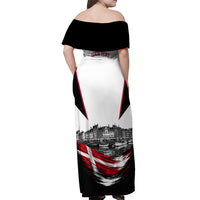 Personalized Denmark Viking Heritage Off Shoulder Maxi Dress Nordic Nyhavn Cityscape With Grunge Flag And Longship Art