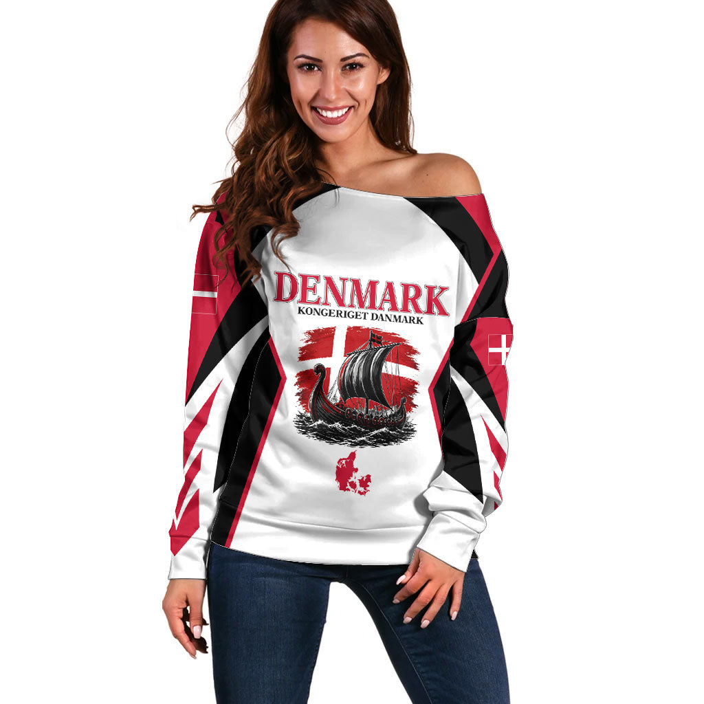 Personalized Denmark Viking Heritage Off Shoulder Sweater Nordic Nyhavn Cityscape With Grunge Flag And Longship Art