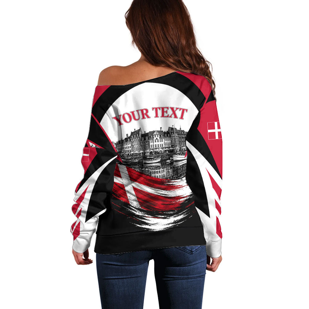 Personalized Denmark Viking Heritage Off Shoulder Sweater Nordic Nyhavn Cityscape With Grunge Flag And Longship Art
