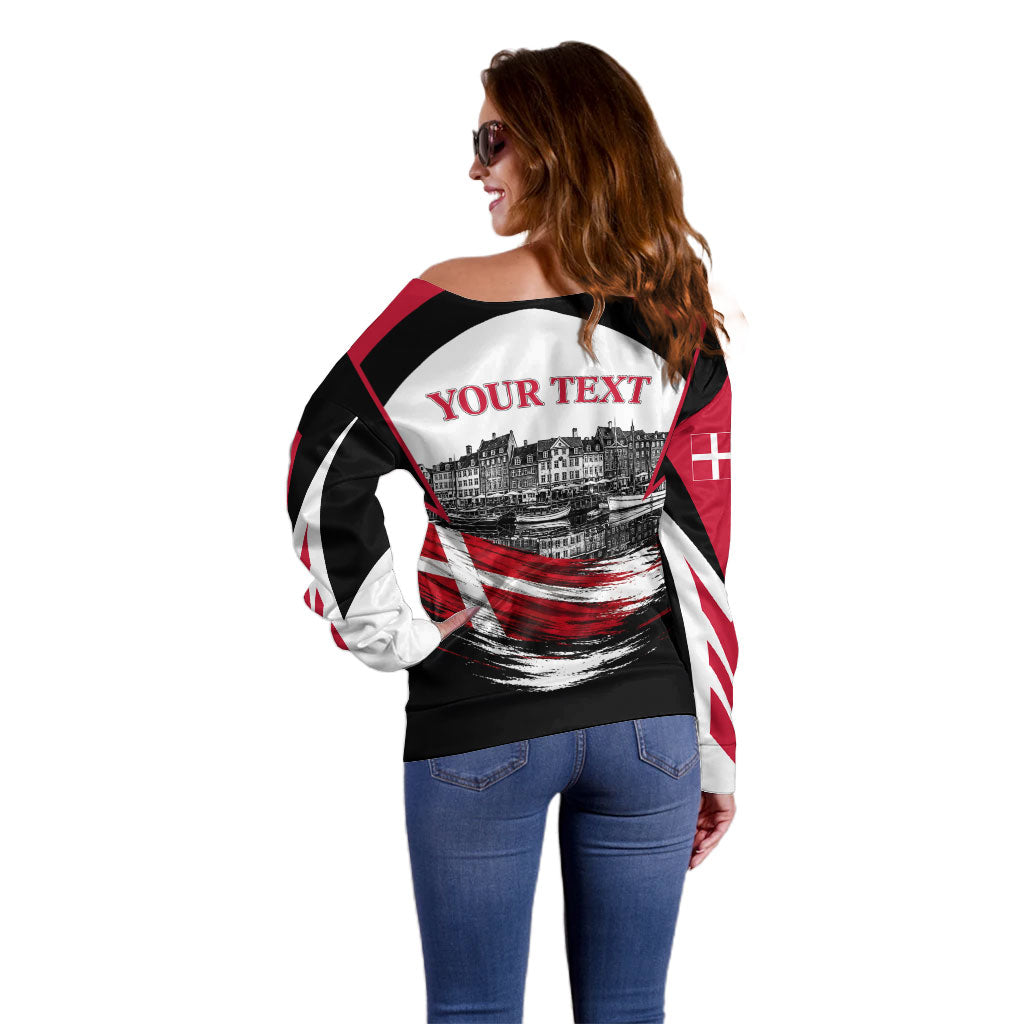 Personalized Denmark Viking Heritage Off Shoulder Sweater Nordic Nyhavn Cityscape With Grunge Flag And Longship Art