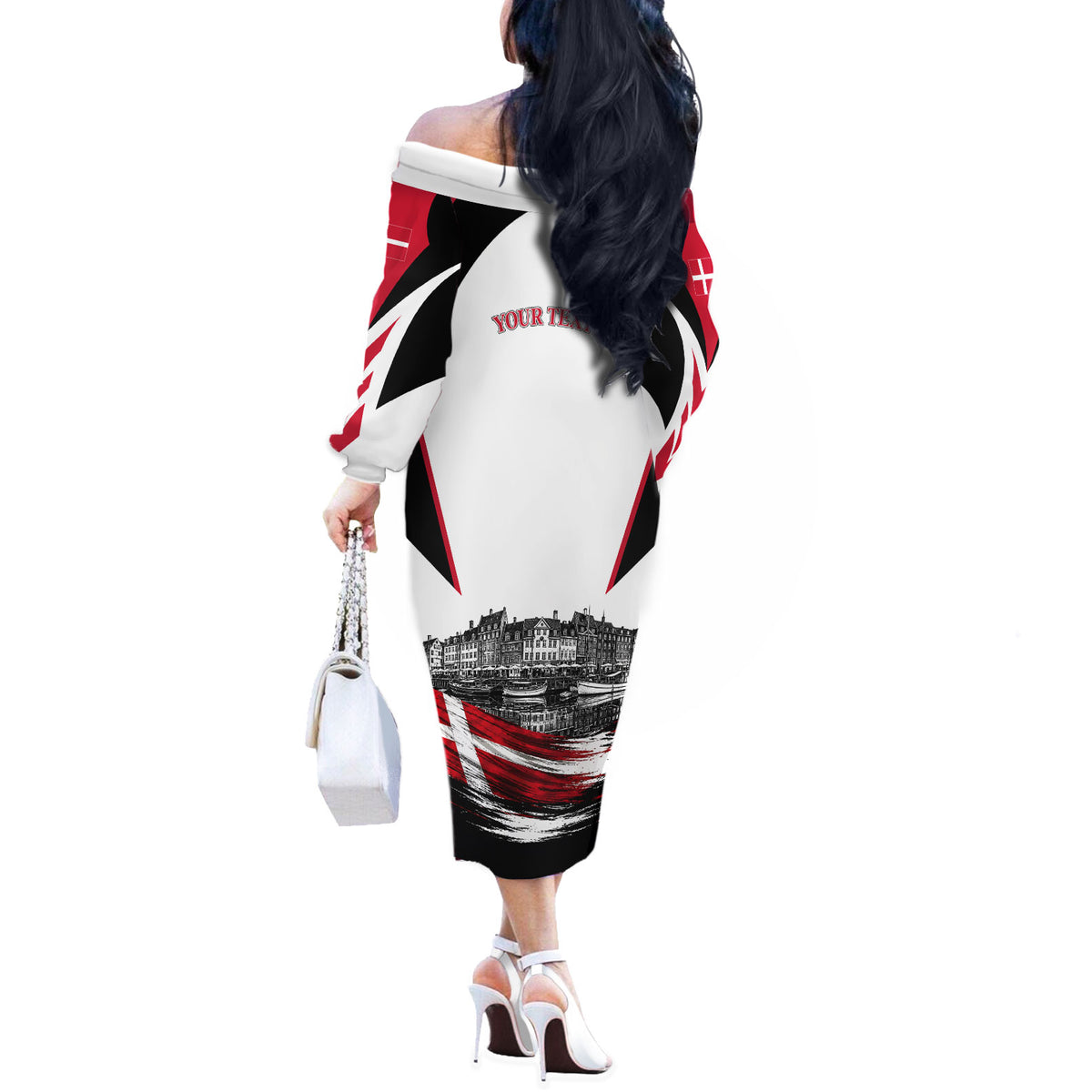 Personalized Denmark Viking Heritage Off The Shoulder Long Sleeve Dress Nordic Nyhavn Cityscape With Grunge Flag And Longship Art