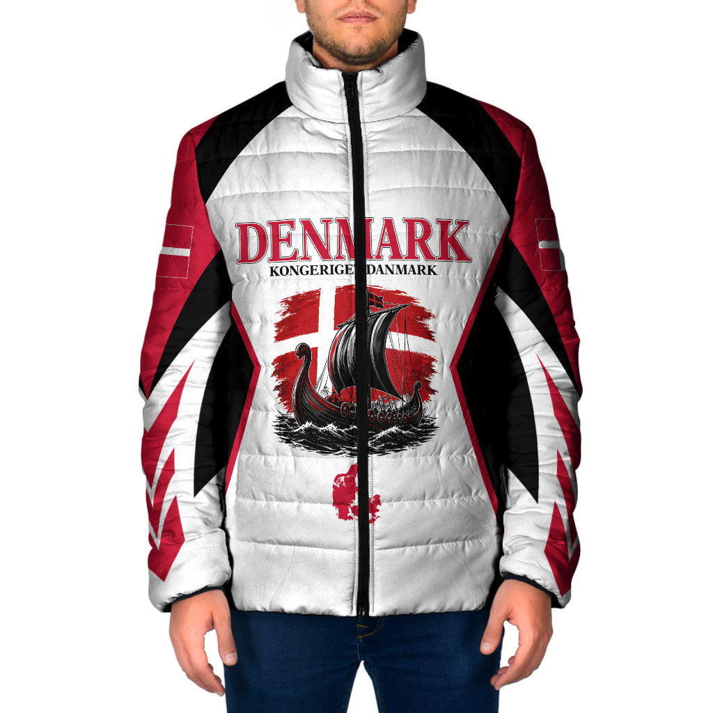 Personalized Denmark Viking Heritage Padded Jacket Nordic Nyhavn Cityscape With Grunge Flag And Longship Art