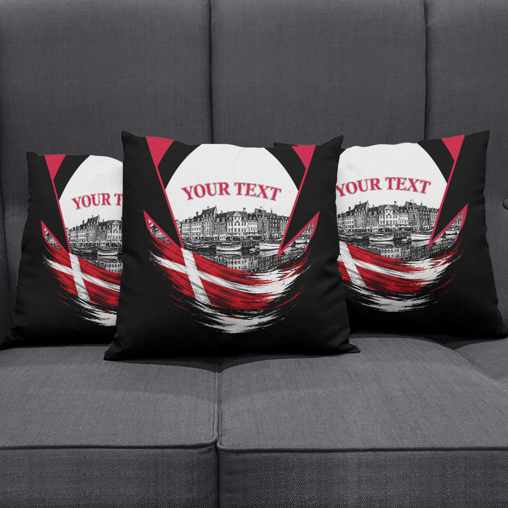 Personalized Denmark Viking Heritage Pillow Cover Nordic Nyhavn Cityscape With Grunge Flag And Longship Art
