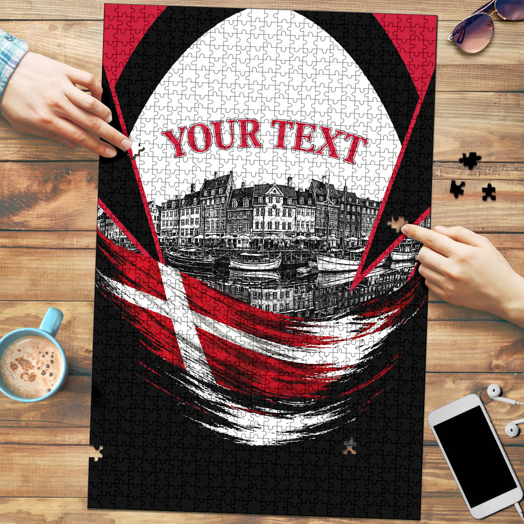 Personalized Denmark Viking Heritage Puzzle Nordic Nyhavn Cityscape With Grunge Flag And Longship Art