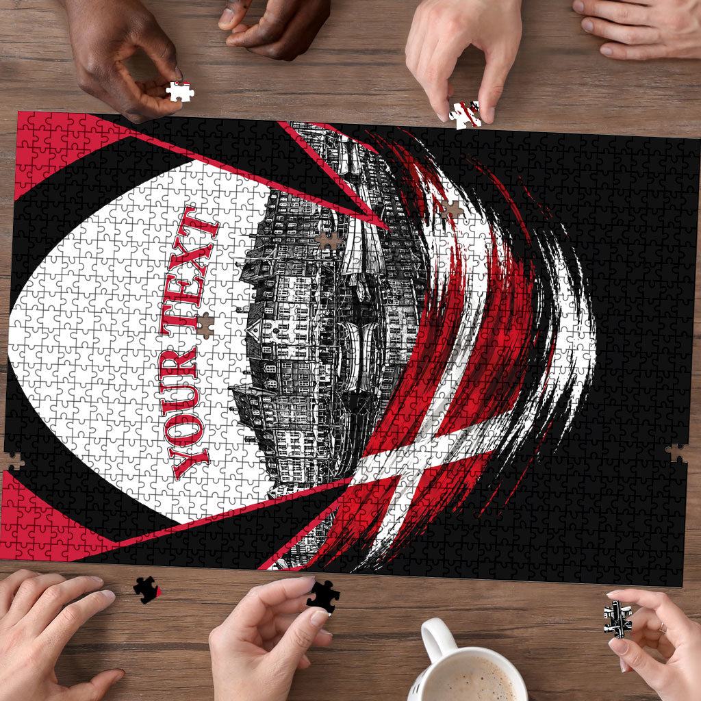 Personalized Denmark Viking Heritage Puzzle Nordic Nyhavn Cityscape With Grunge Flag And Longship Art