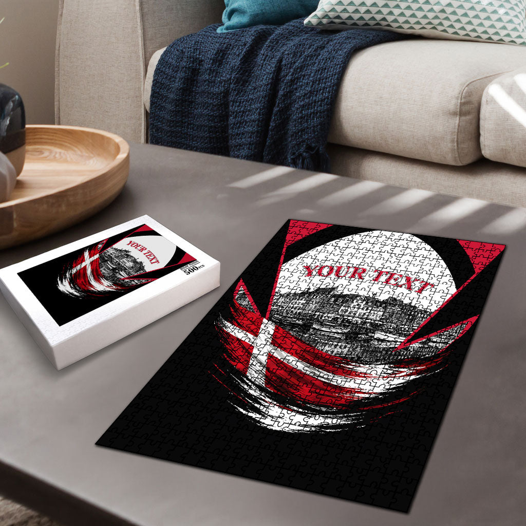 Personalized Denmark Viking Heritage Puzzle Nordic Nyhavn Cityscape With Grunge Flag And Longship Art