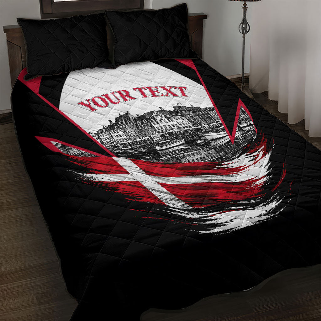 Personalized Denmark Viking Heritage Quilt Bed Set Nordic Nyhavn Cityscape With Grunge Flag And Longship Art