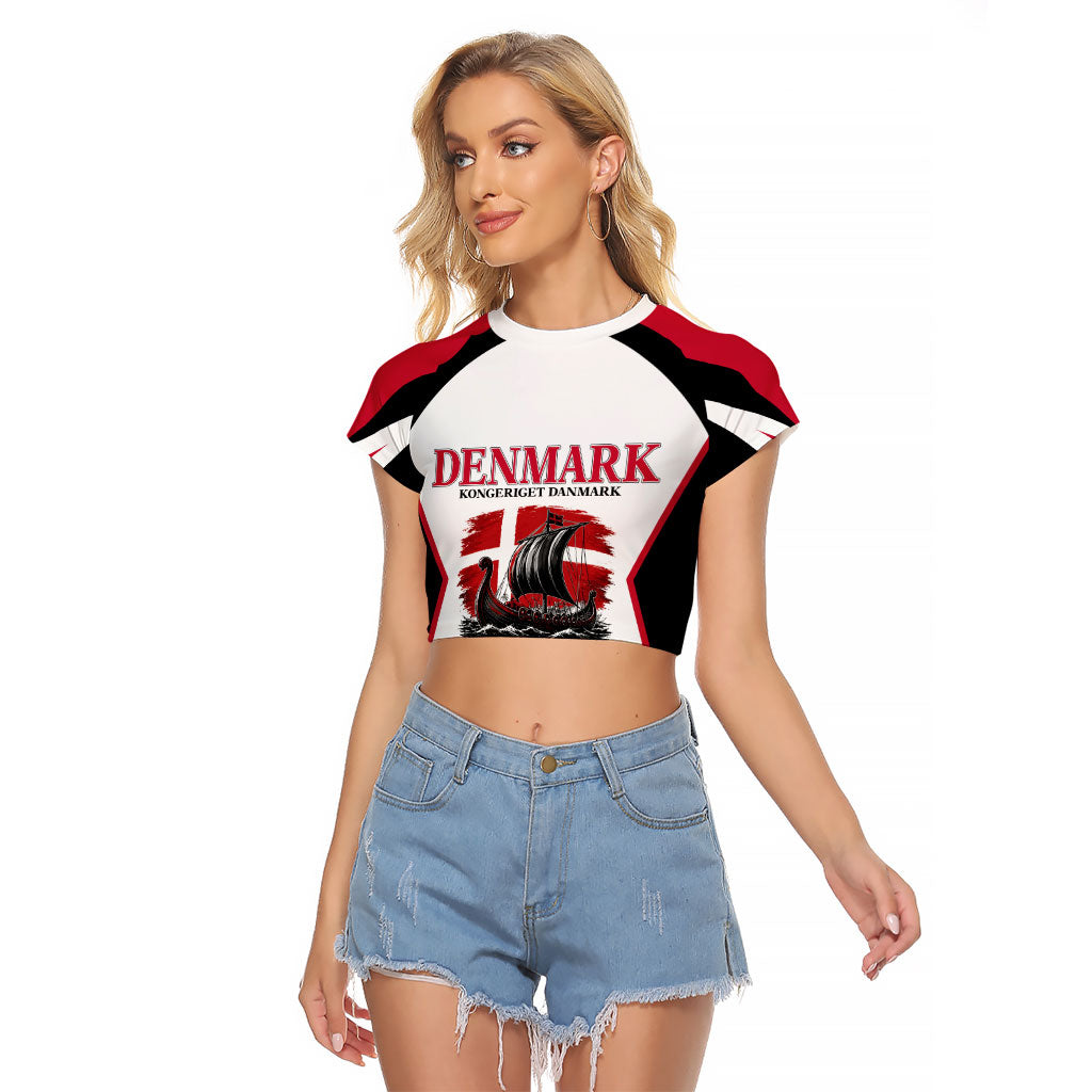 Personalized Denmark Viking Heritage Raglan Cropped T Shirt Nordic Nyhavn Cityscape With Grunge Flag And Longship Art