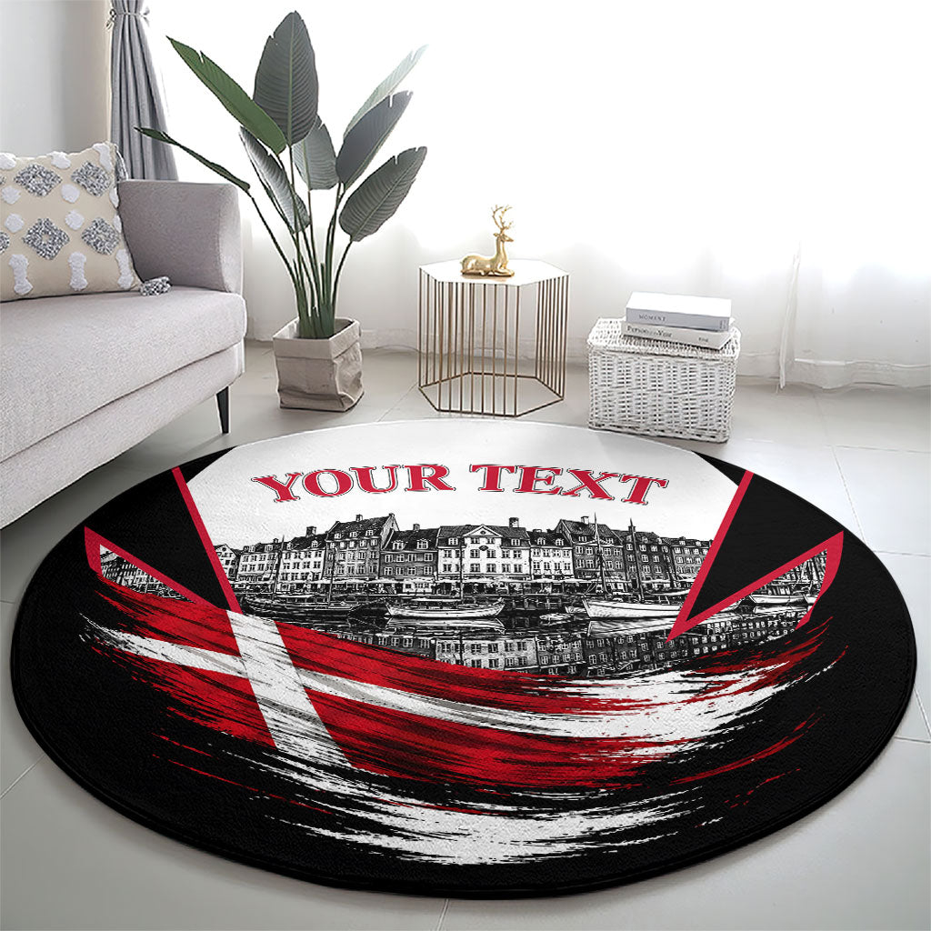 Personalized Denmark Viking Heritage Round Carpet Nordic Nyhavn Cityscape With Grunge Flag And Longship Art