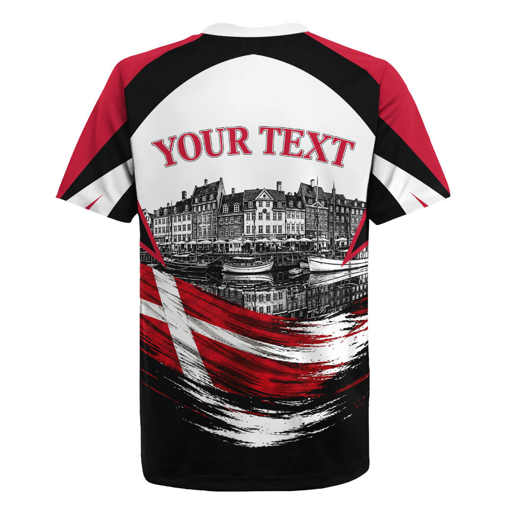 Personalized Denmark Viking Heritage Rugby Jersey Nordic Nyhavn Cityscape With Grunge Flag And Longship Art