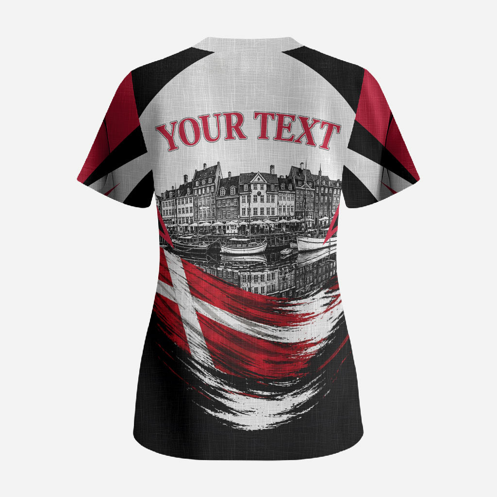 Personalized Denmark Viking Heritage Scrub Top Nordic Nyhavn Cityscape With Grunge Flag And Longship Art
