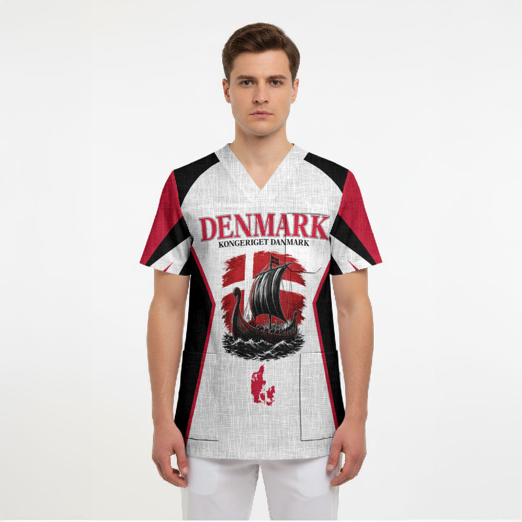 Personalized Denmark Viking Heritage Scrub Top Nordic Nyhavn Cityscape With Grunge Flag And Longship Art