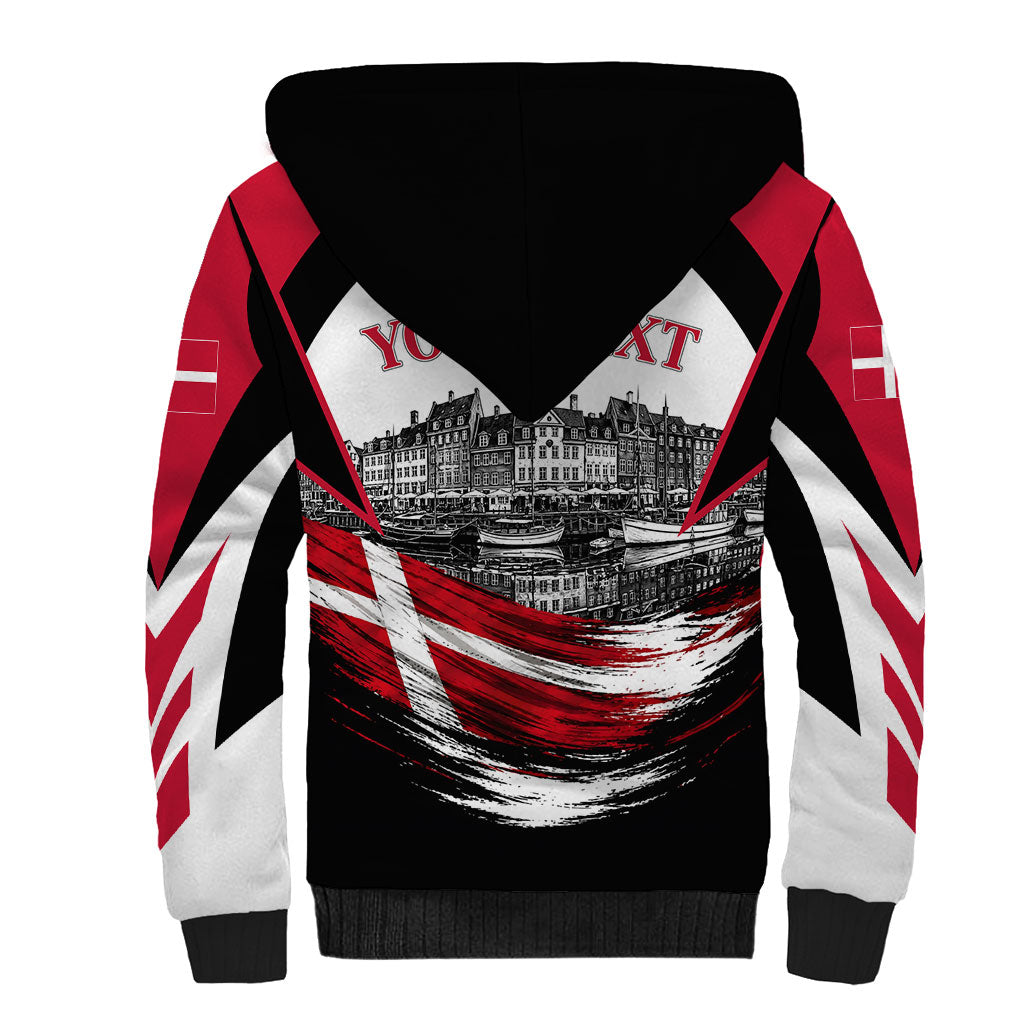 Personalized Denmark Viking Heritage Sherpa Hoodie Nordic Nyhavn Cityscape With Grunge Flag And Longship Art