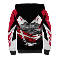 Personalized Denmark Viking Heritage Sherpa Hoodie Nordic Nyhavn Cityscape With Grunge Flag And Longship Art