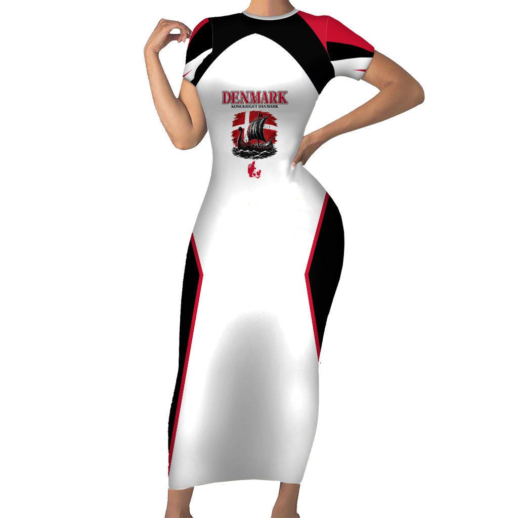 Personalized Denmark Viking Heritage Short Sleeve Bodycon Dress Nordic Nyhavn Cityscape With Grunge Flag And Longship Art