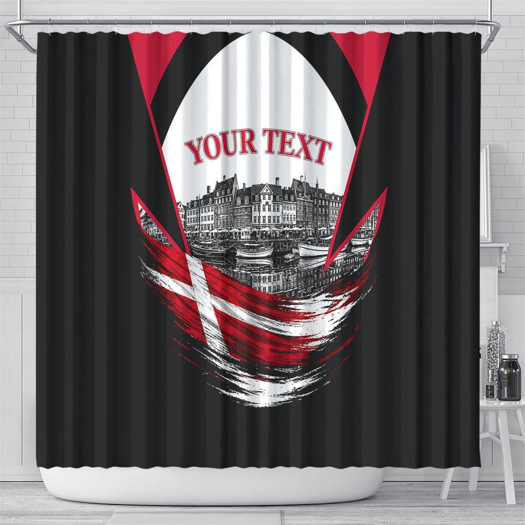 Personalized Denmark Viking Heritage Shower Curtain Nordic Nyhavn Cityscape With Grunge Flag And Longship Art